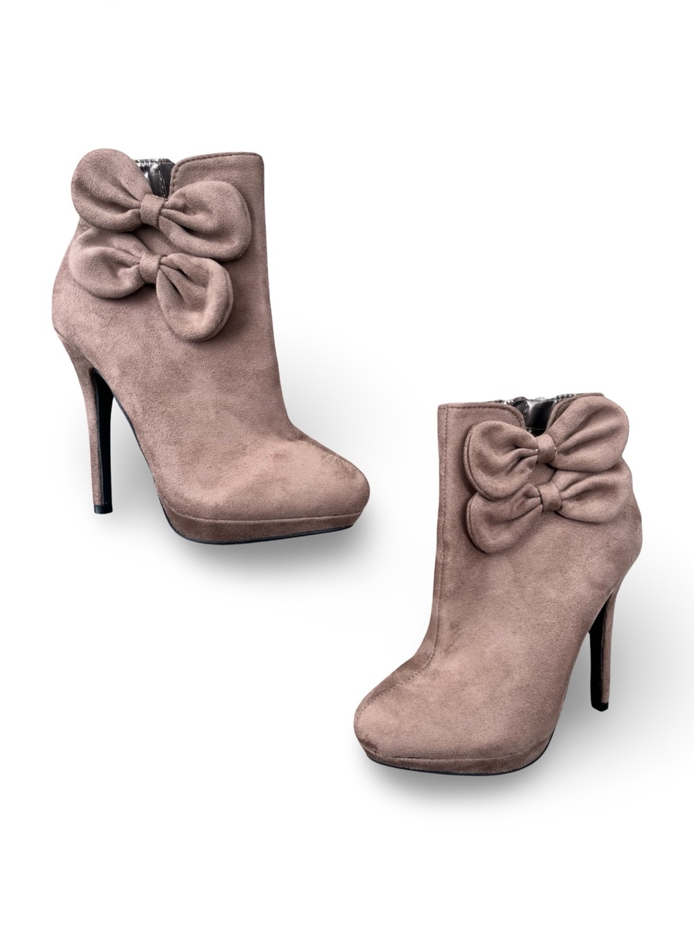 Weeboo Taupe Faux Suede Double Bow High Heel Ankle Boots Size 6.5